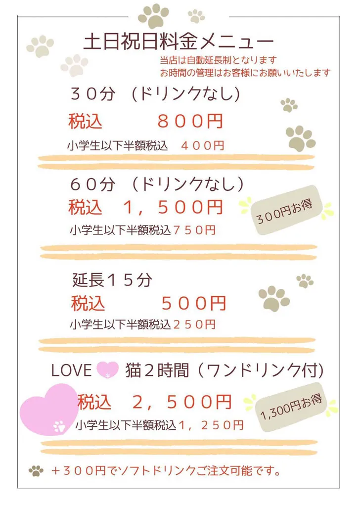 土日祝日料金メニュー　お試し30分ドリンクなし税込み800円　通常プラン45分ドリンクなし税込み1200円